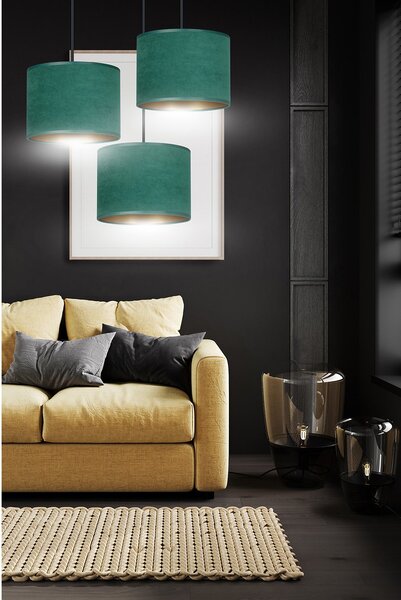 Lampadario Tondo 3 Luci Vinayaka Acciaio Nero E Paralumi In Tessuto Verde