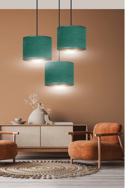 Lampadario Tondo 3 Luci Vinayaka Acciaio Nero E Paralumi In Tessuto Verde