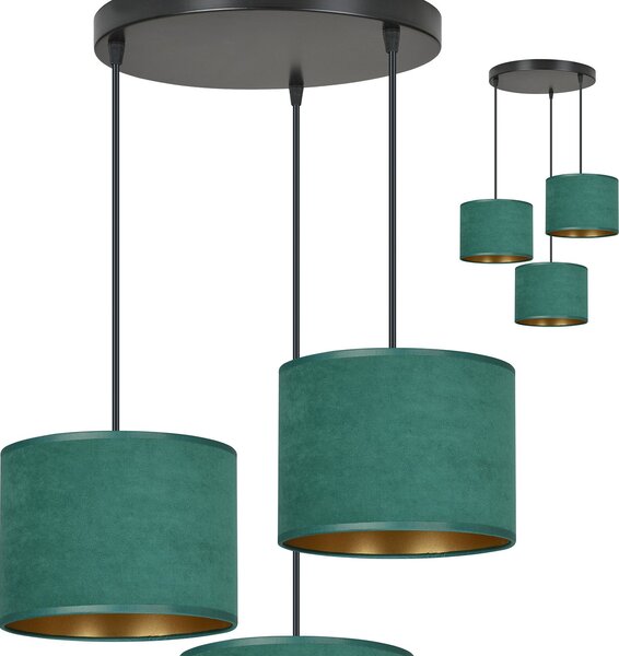 Lampadario Tondo 3 Luci Vinayaka Acciaio Nero E Paralumi In Tessuto Verde