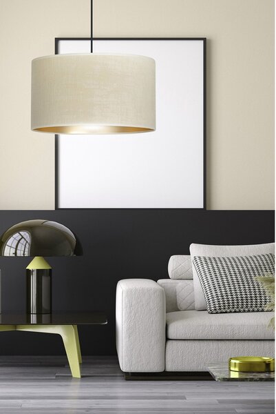 Sospensione 1 Luce Vinayaka In Acciaio Nero E Paralume In Tessuto Beige