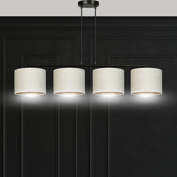 Lampadario 4 Luci Vinayaka In Acciaio Nero E Paralumi In Tessuto Beige