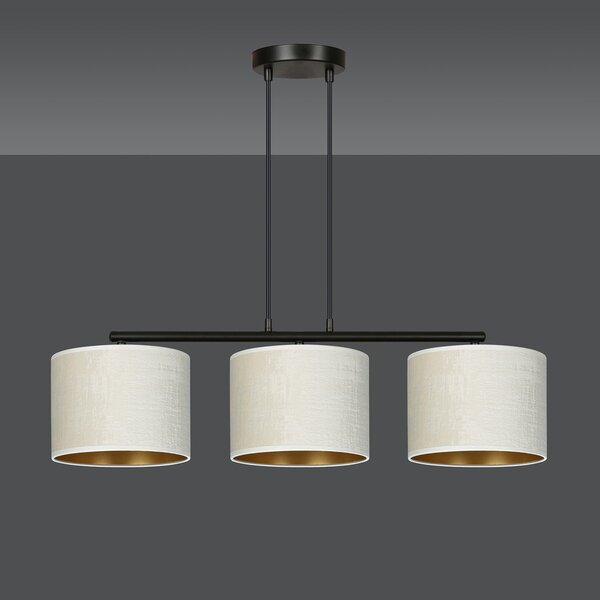 Lampadario 3 Luci Vinayaka In Acciaio Nero E Paralumi In Tessuto Beige