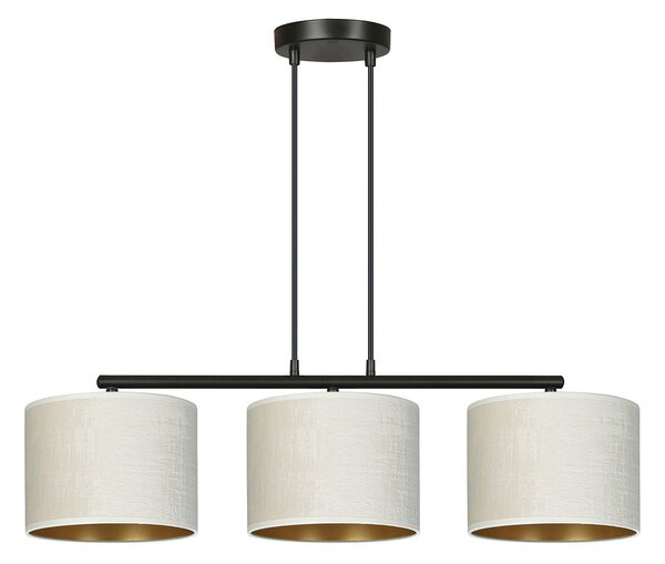 Lampadario 3 Luci Vinayaka In Acciaio Nero E Paralumi In Tessuto Beige