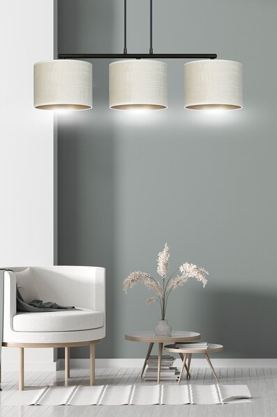 Lampadario 3 Luci Vinayaka In Acciaio Nero E Paralumi In Tessuto Beige