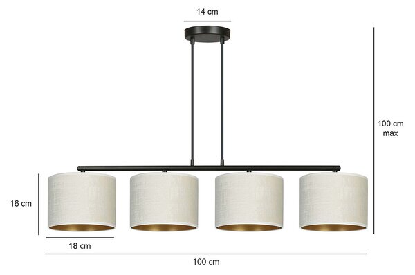 Lampadario 4 Luci Vinayaka In Acciaio Nero E Paralumi In Tessuto Beige