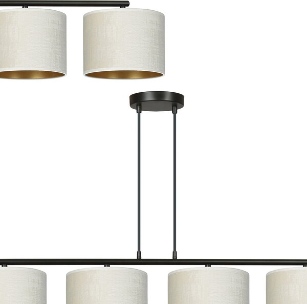 Lampadario 4 Luci Vinayaka In Acciaio Nero E Paralumi In Tessuto Beige