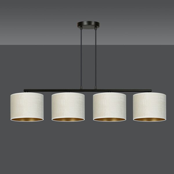 Lampadario 4 Luci Vinayaka In Acciaio Nero E Paralumi In Tessuto Beige