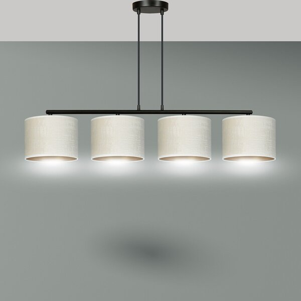 Lampadario 4 Luci Vinayaka In Acciaio Nero E Paralumi In Tessuto Beige