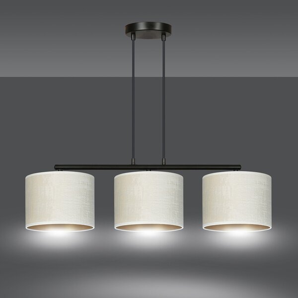 Lampadario 3 Luci Vinayaka In Acciaio Nero E Paralumi In Tessuto Beige