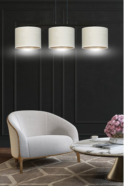 Lampadario 3 Luci Vinayaka In Acciaio Nero E Paralumi In Tessuto Beige