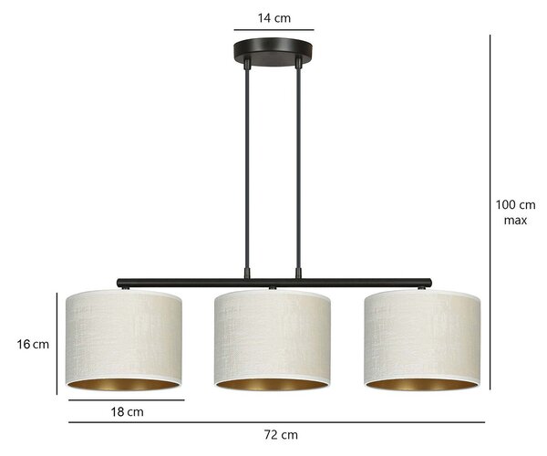 Lampadario 3 Luci Vinayaka In Acciaio Nero E Paralumi In Tessuto Beige