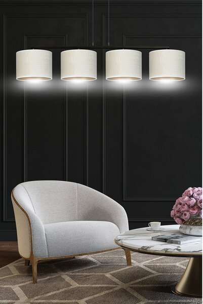 Lampadario 4 Luci Vinayaka In Acciaio Nero E Paralumi In Tessuto Beige