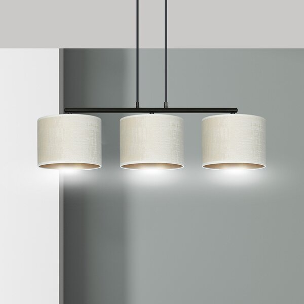 Lampadario 3 Luci Vinayaka In Acciaio Nero E Paralumi In Tessuto Beige