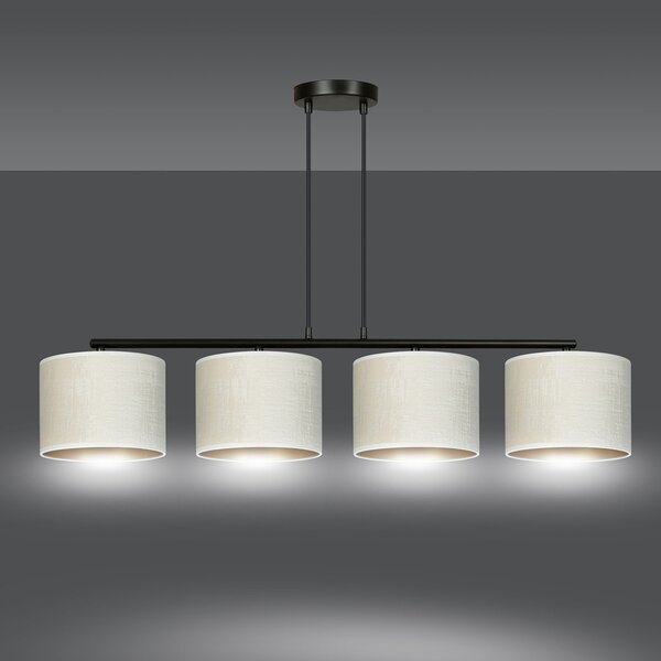 Lampadario 4 Luci Vinayaka In Acciaio Nero E Paralumi In Tessuto Beige