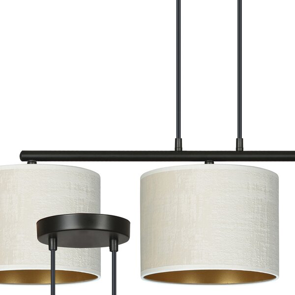 Lampadario 3 Luci Vinayaka In Acciaio Nero E Paralumi In Tessuto Beige