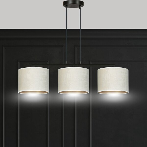 Lampadario 3 Luci Vinayaka In Acciaio Nero E Paralumi In Tessuto Beige