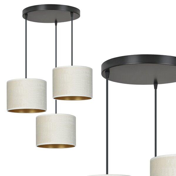 Lampadario Tondo 3 Luci Vinayaka Acciaio Nero E Paralumi In Tessuto Beige