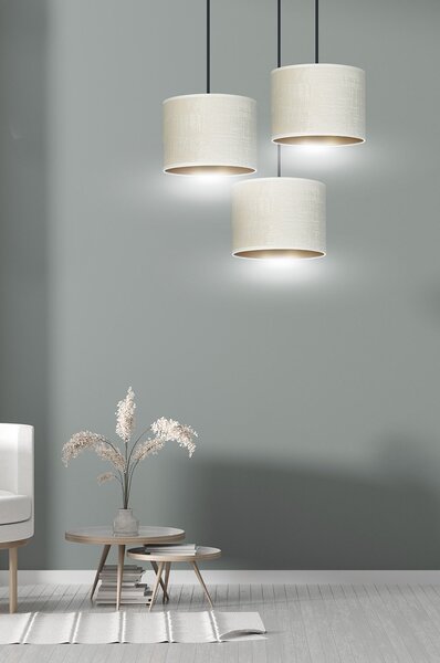 Lampadario Tondo 3 Luci Vinayaka Acciaio Nero E Paralumi In Tessuto Beige
