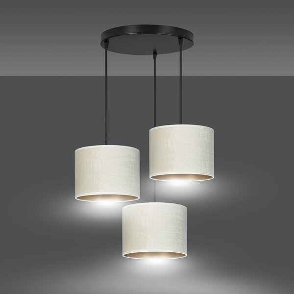 Lampadario Tondo 3 Luci Vinayaka Acciaio Nero E Paralumi In Tessuto Beige