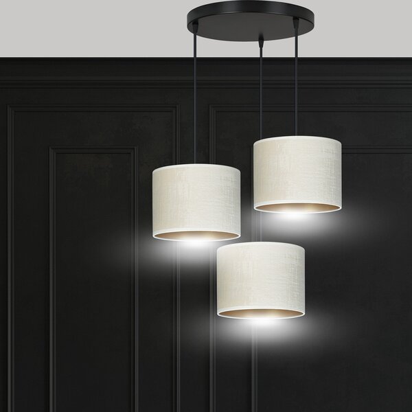 Lampadario Tondo 3 Luci Vinayaka Acciaio Nero E Paralumi In Tessuto Beige