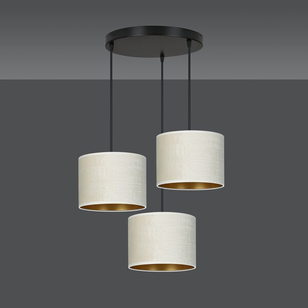 Lampadario Tondo 3 Luci Vinayaka Acciaio Nero E Paralumi In Tessuto Beige