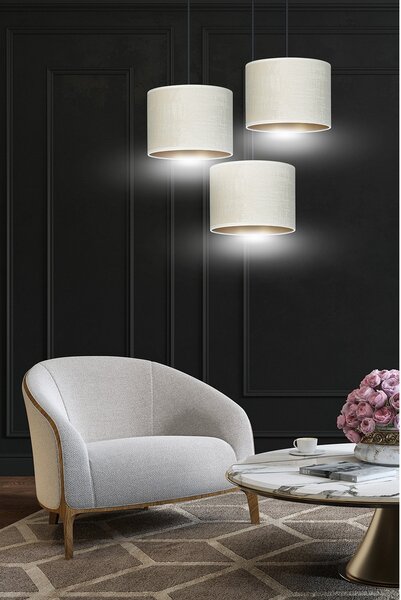 Lampadario Tondo 3 Luci Vinayaka Acciaio Nero E Paralumi In Tessuto Beige