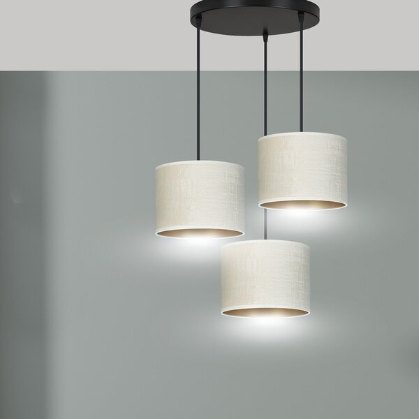 Lampadario Tondo 3 Luci Vinayaka Acciaio Nero E Paralumi In Tessuto Beige