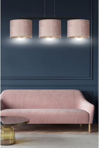 Lampadario 3 Luci Vinayaka In Acciaio Nero E Paralumi In Tessuto Rosa