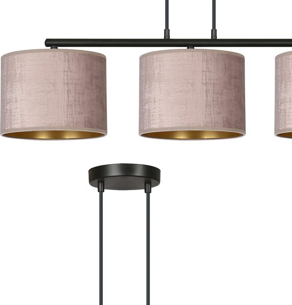 Lampadario 3 Luci Vinayaka In Acciaio Nero E Paralumi In Tessuto Rosa