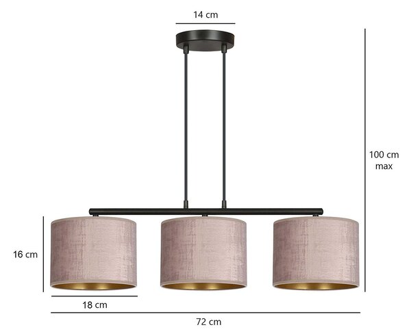 Lampadario 3 Luci Vinayaka In Acciaio Nero E Paralumi In Tessuto Rosa