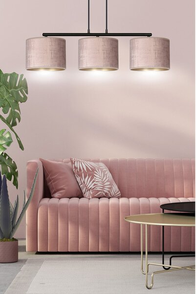 Lampadario 3 Luci Vinayaka In Acciaio Nero E Paralumi In Tessuto Rosa