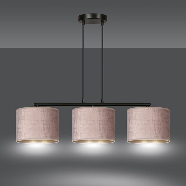 Lampadario 3 Luci Vinayaka In Acciaio Nero E Paralumi In Tessuto Rosa