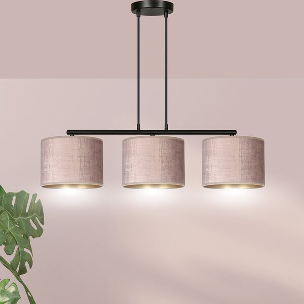 Lampadario 3 Luci Vinayaka In Acciaio Nero E Paralumi In Tessuto Rosa