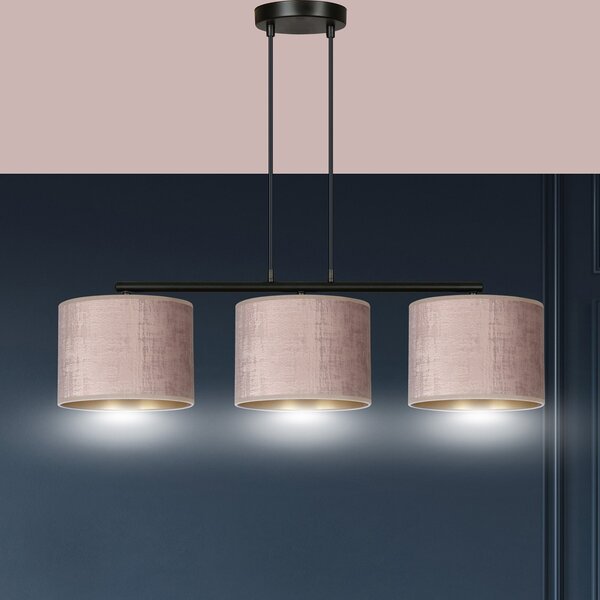 Lampadario 3 Luci Vinayaka In Acciaio Nero E Paralumi In Tessuto Rosa
