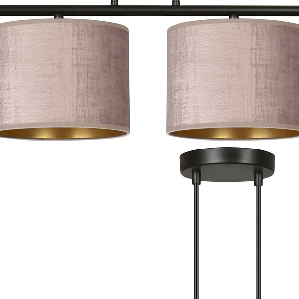Lampadario 4 Luci Vinayaka In Acciaio Nero E Paralumi In Tessuto Rosa