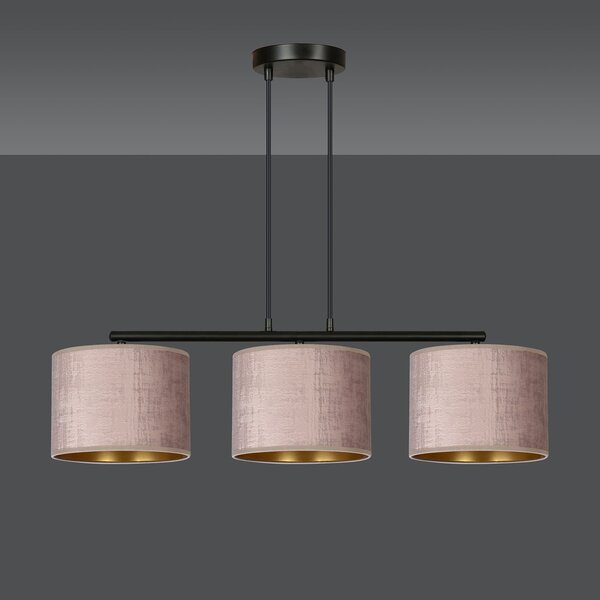 Lampadario 3 Luci Vinayaka In Acciaio Nero E Paralumi In Tessuto Rosa