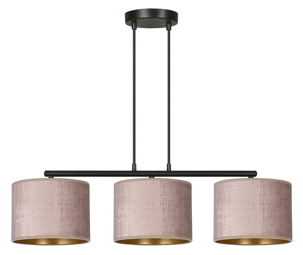 Lampadario 3 Luci Vinayaka In Acciaio Nero E Paralumi In Tessuto Rosa