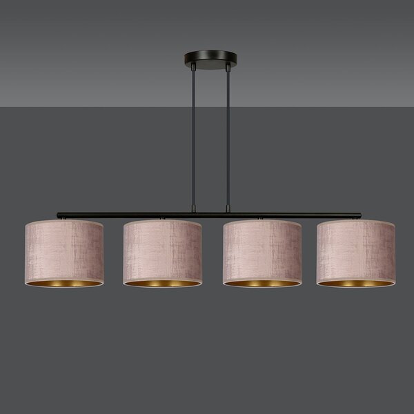 Lampadario 4 Luci Vinayaka In Acciaio Nero E Paralumi In Tessuto Rosa