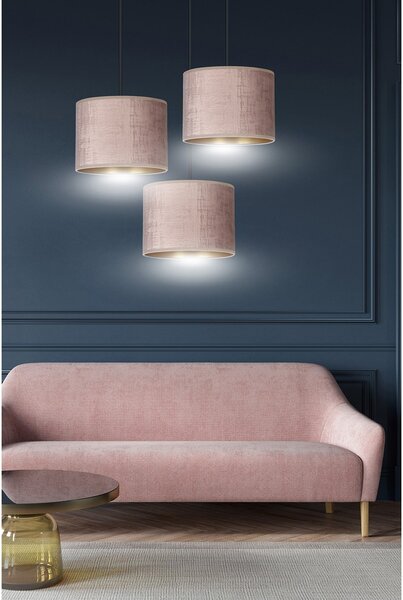 Lampadario Tondo 3 Luci Vinayaka Acciaio Nero E Paralumi In Tessuto Rosa