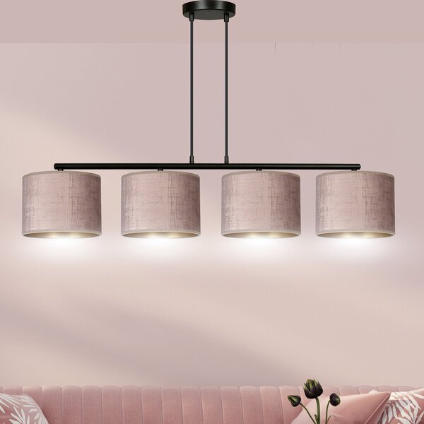 Lampadario 4 Luci Vinayaka In Acciaio Nero E Paralumi In Tessuto Rosa