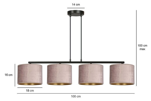 Lampadario 4 Luci Vinayaka In Acciaio Nero E Paralumi In Tessuto Rosa