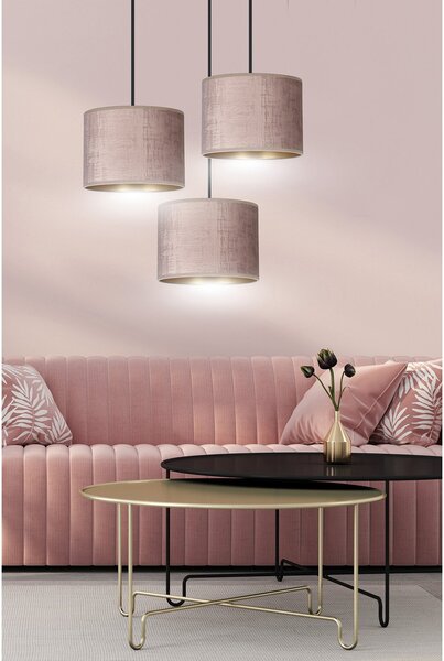 Lampadario Tondo 3 Luci Vinayaka Acciaio Nero E Paralumi In Tessuto Rosa