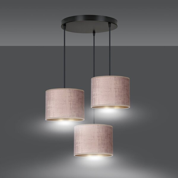 Lampadario Tondo 3 Luci Vinayaka Acciaio Nero E Paralumi In Tessuto Rosa