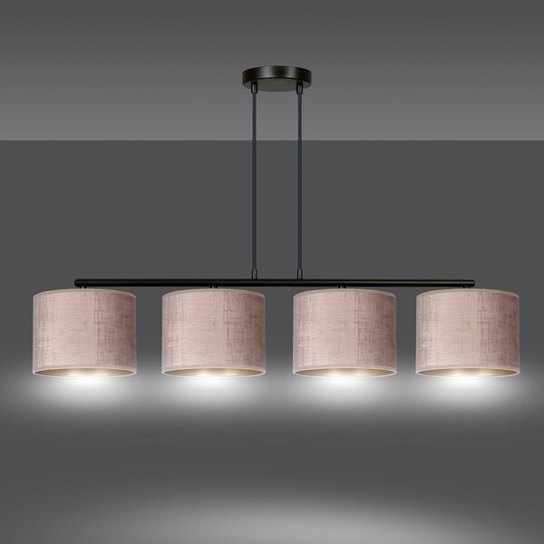 Lampadario 4 Luci Vinayaka In Acciaio Nero E Paralumi In Tessuto Rosa