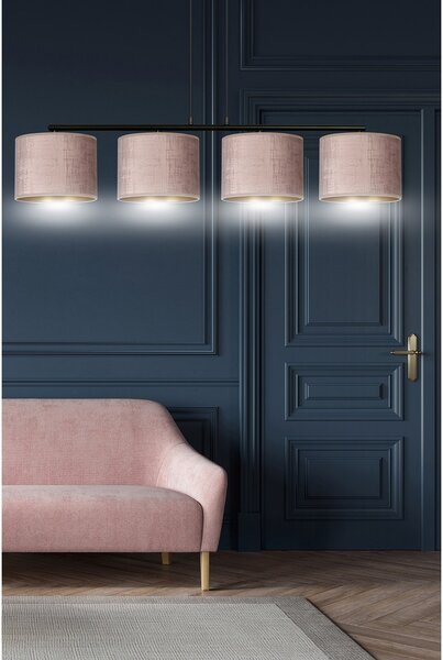 Lampadario 4 Luci Vinayaka In Acciaio Nero E Paralumi In Tessuto Rosa