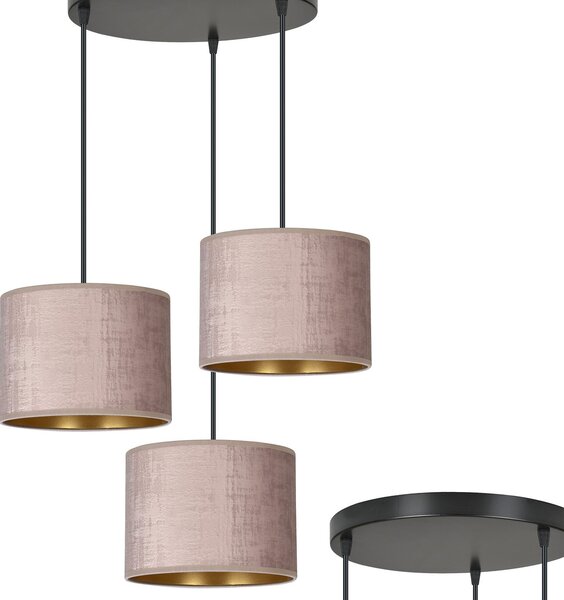 Lampadario Tondo 3 Luci Vinayaka Acciaio Nero E Paralumi In Tessuto Rosa
