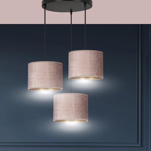 Lampadario Tondo 3 Luci Vinayaka Acciaio Nero E Paralumi In Tessuto Rosa