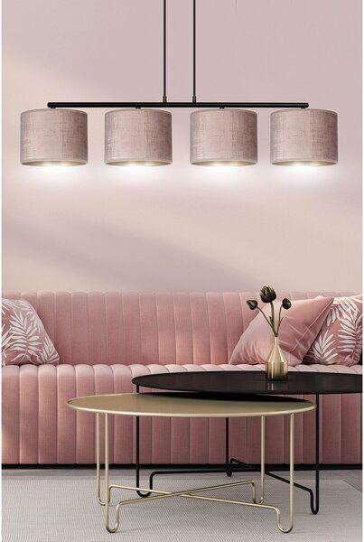 Lampadario 4 Luci Vinayaka In Acciaio Nero E Paralumi In Tessuto Rosa