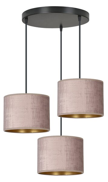 Lampadario Tondo 3 Luci Vinayaka Acciaio Nero E Paralumi In Tessuto Rosa