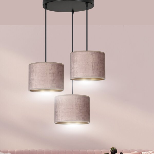 Lampadario Tondo 3 Luci Vinayaka Acciaio Nero E Paralumi In Tessuto Rosa